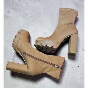 Chunky Platform Block Heel Ankle Boots With Side Zipper In Taupe Satin Material